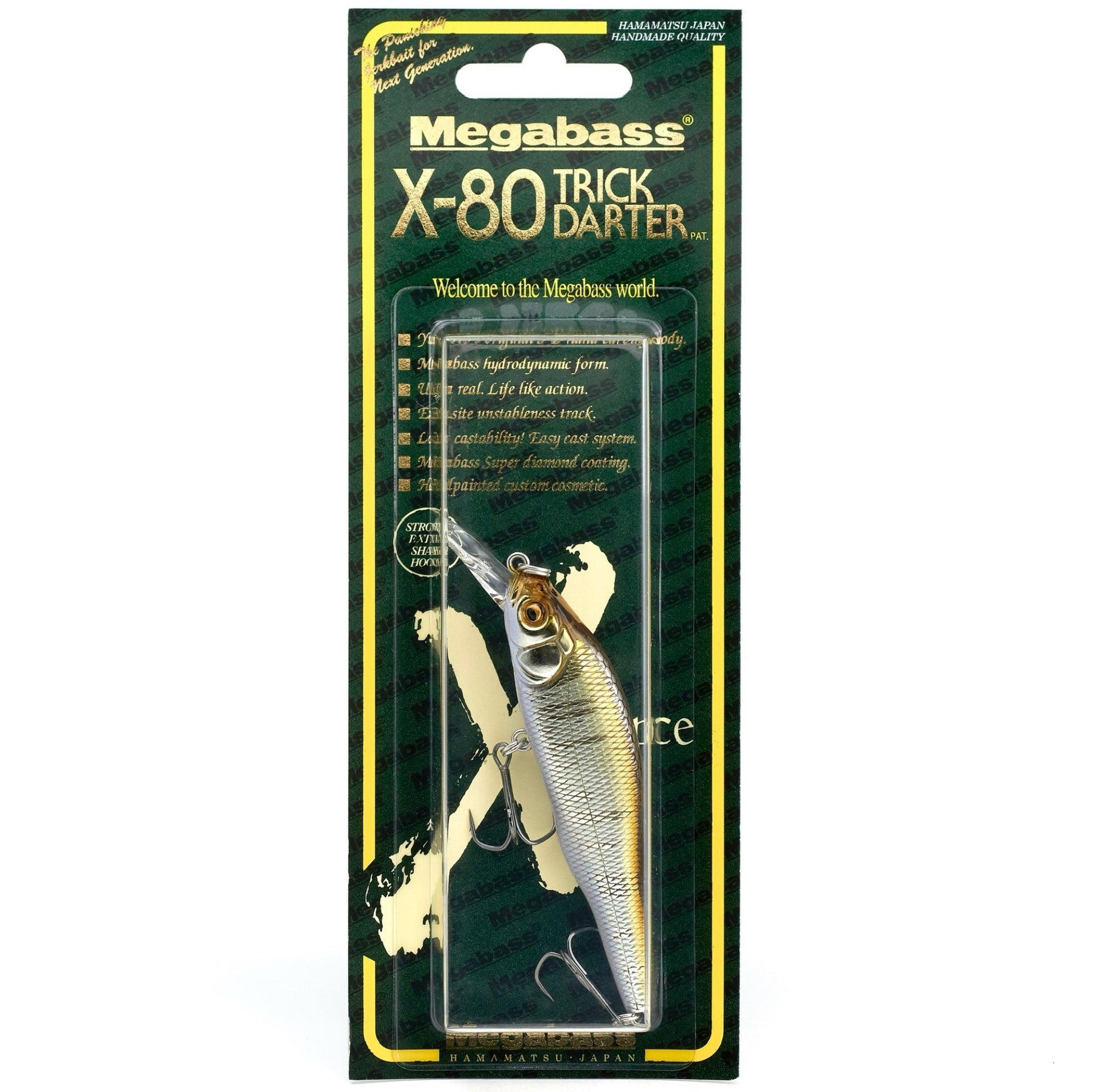 Megabass X-80 Trick Darter fishing lure in packaging on a white background
