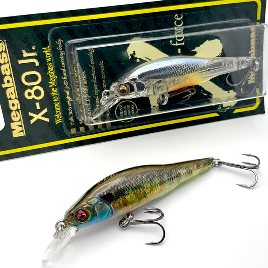 Two Megabass X 80 Junior Jerkbaits on a white background.