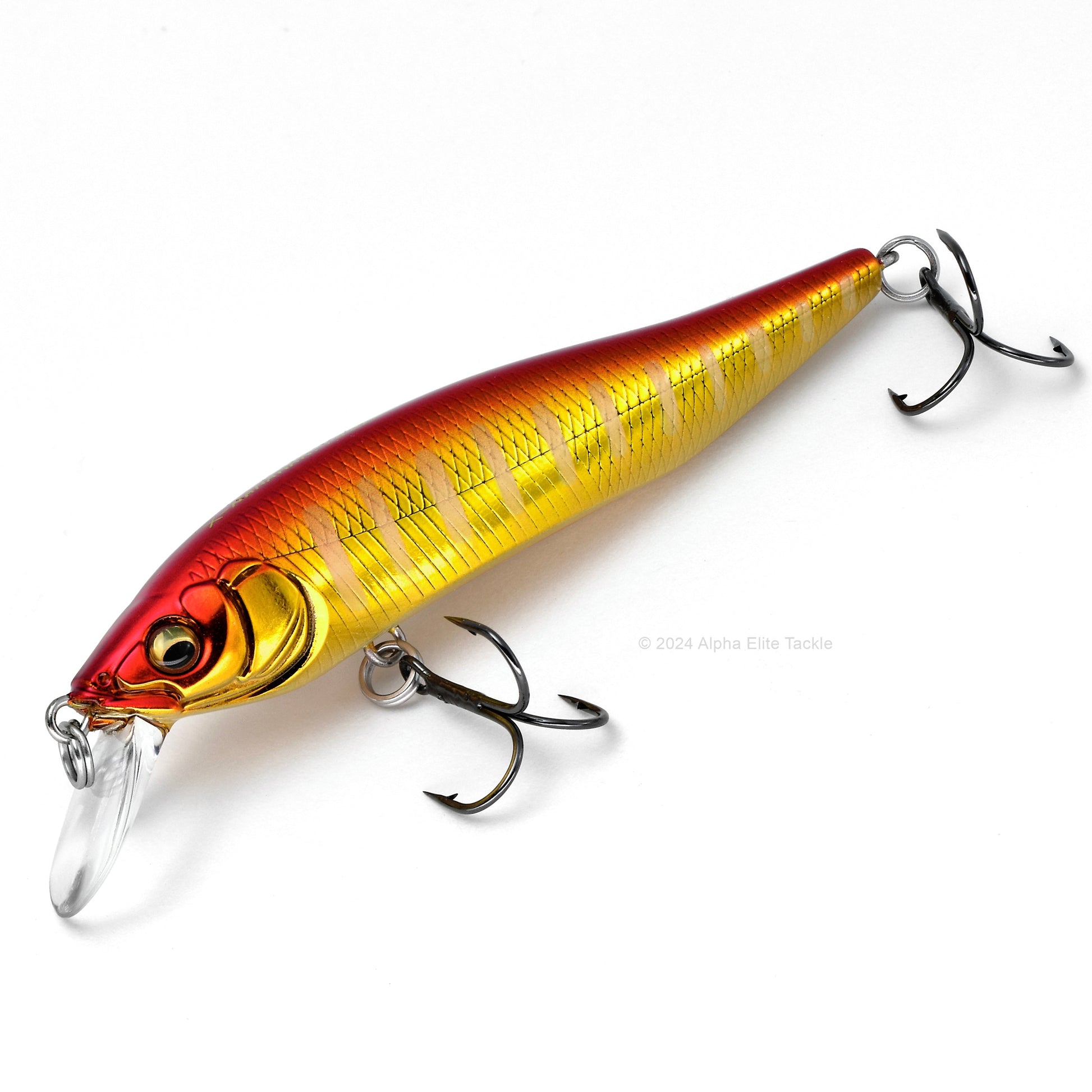 Close up of the Megabass X-75 Series X-Nanahan Jerkbait in the color M Akakin on a white background.