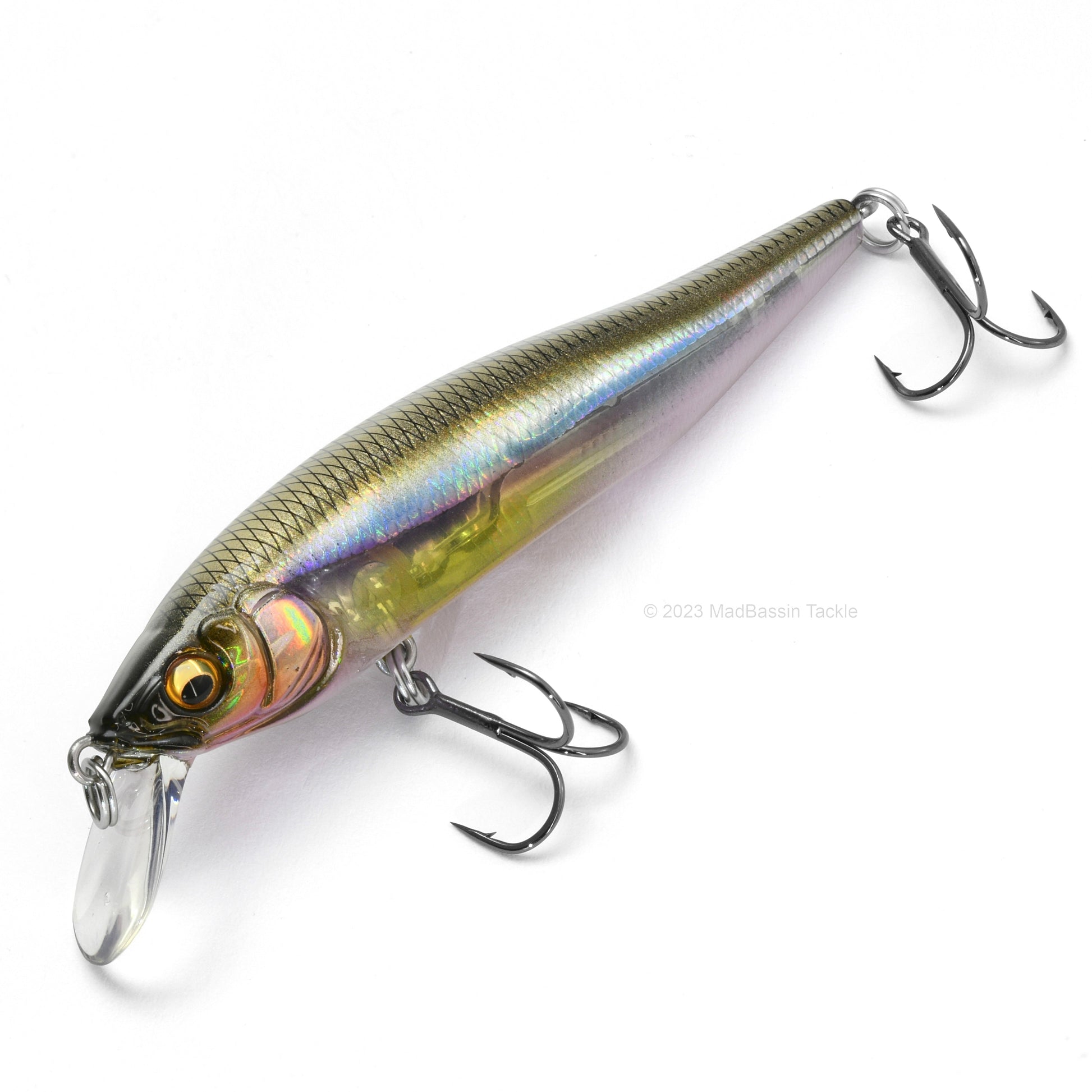 Close up of the Megabass X-75 Series X-Nanahan Jerkbait in the color Kasumi Ito on a white background.