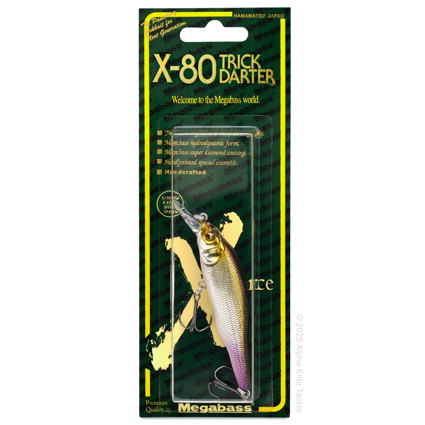 Megabass X-80 Trick Darter fishing lure in packaging on a white background