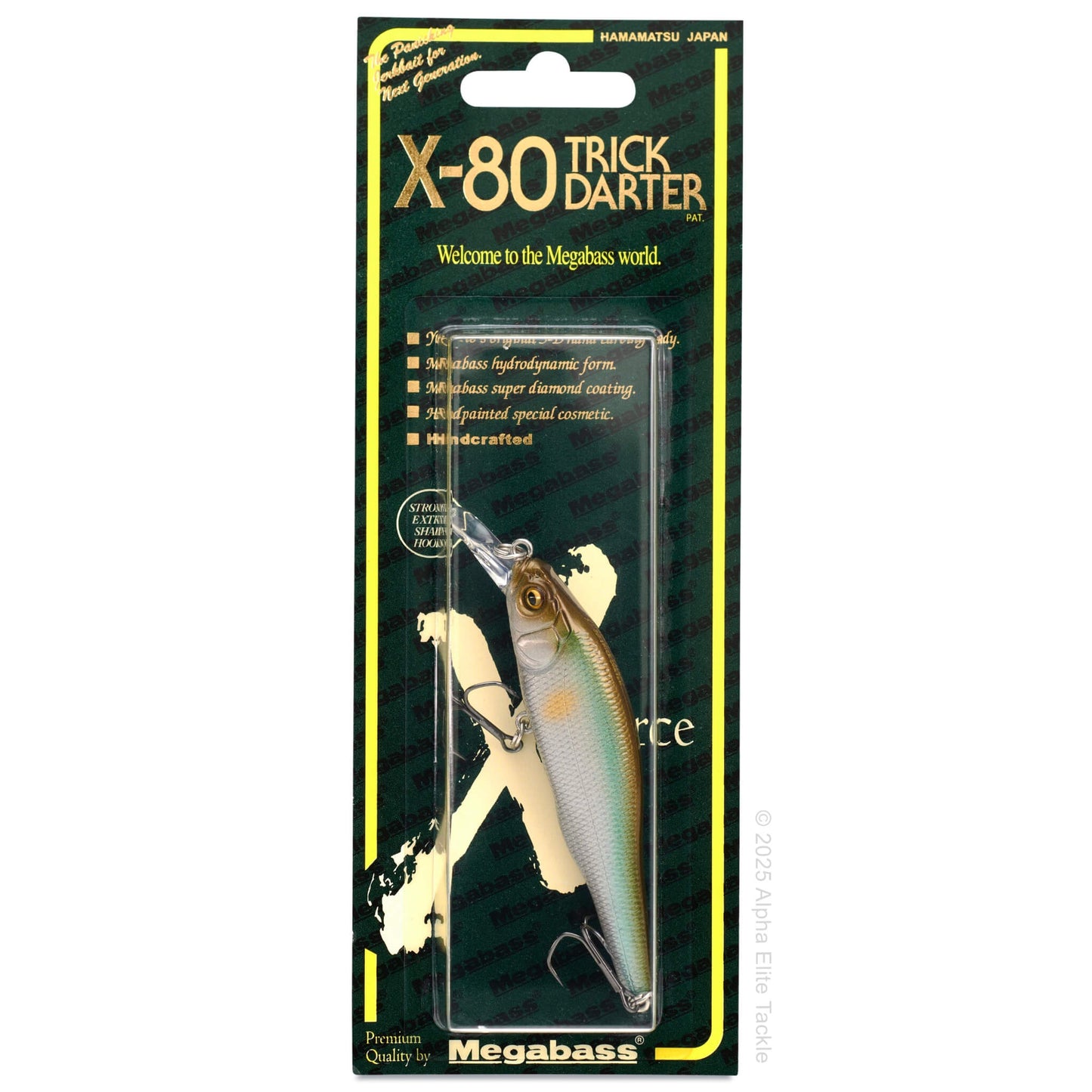 Megabass X-80 Trick Darter fishing lure in packaging on a white background