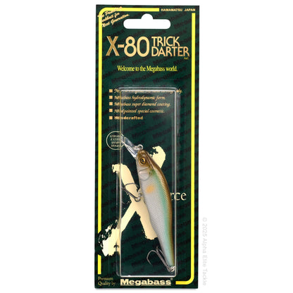 Megabass X-80 Trick Darter fishing lure in packaging on a white background
