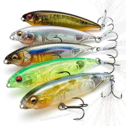 Five colorful fishing lures on a white background