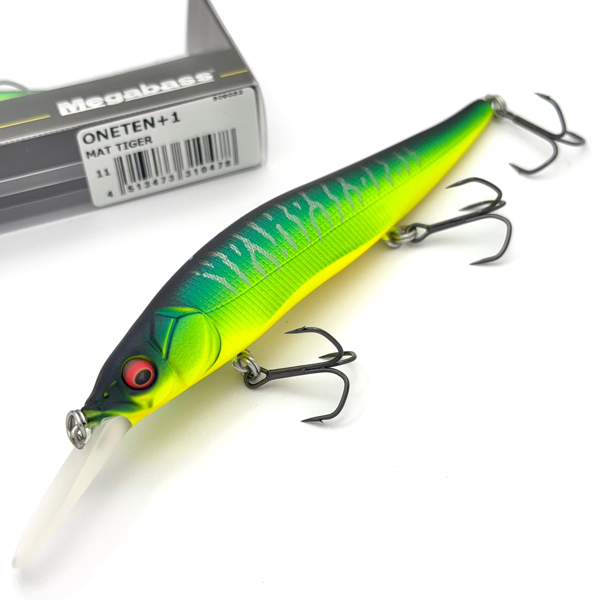 Close up of the Megabass vision oneten plus 1 in the color mat tiger on a white background