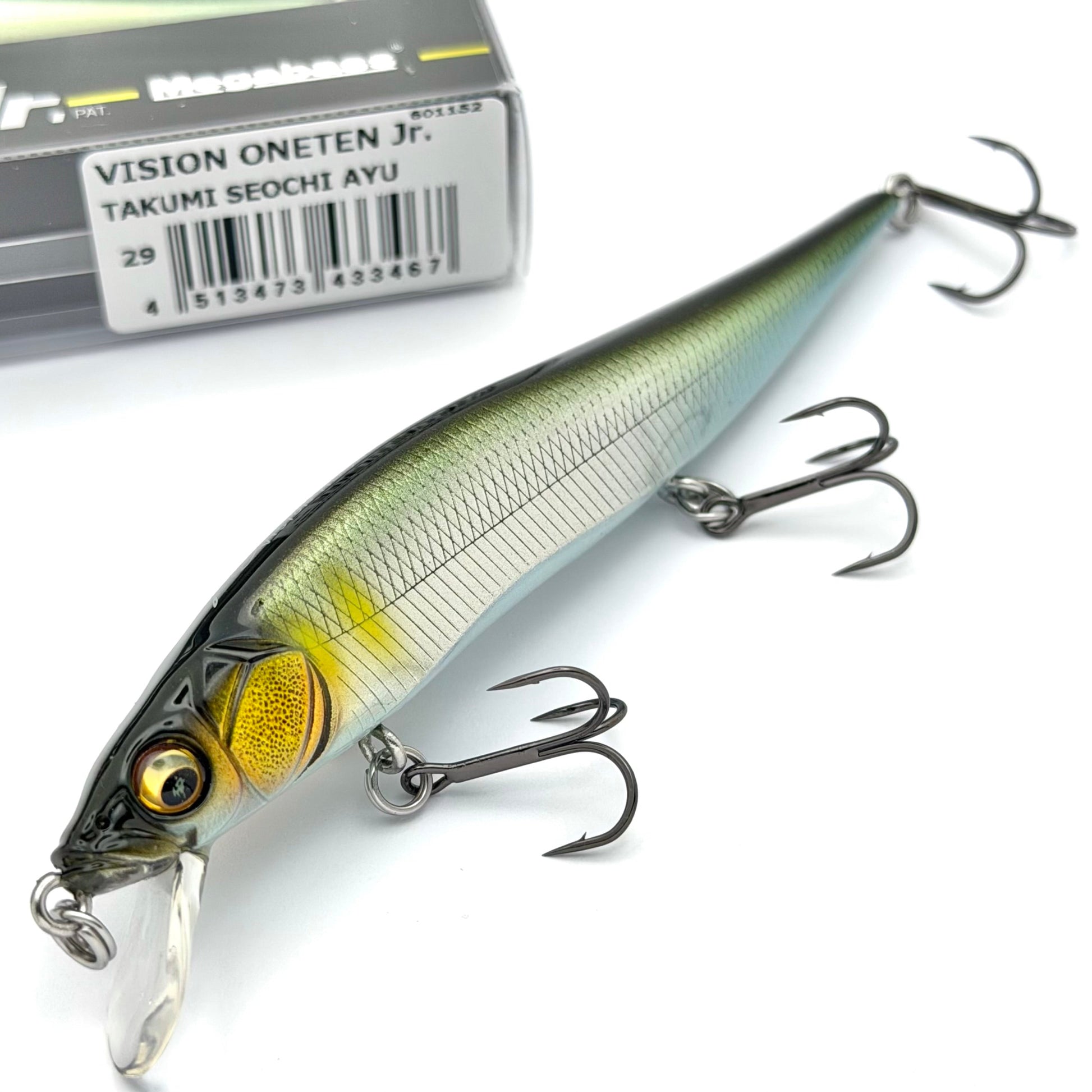 Close up of the Megabass vision oneten junior in the color Takumi Seochi Ayu on a white background