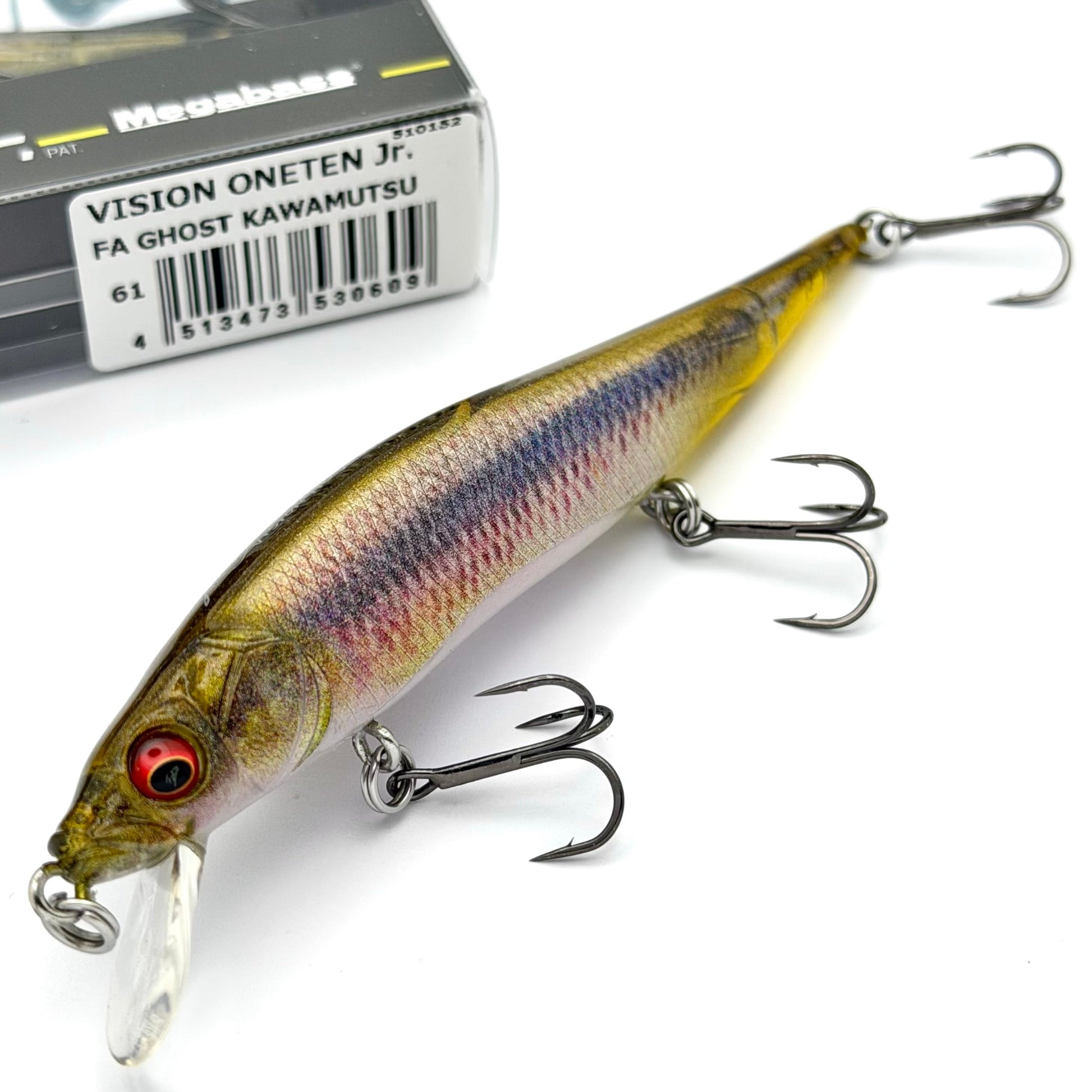 Close up of the Megabass vision oneten junior in the color of FA ghost Wakasagi on a white background