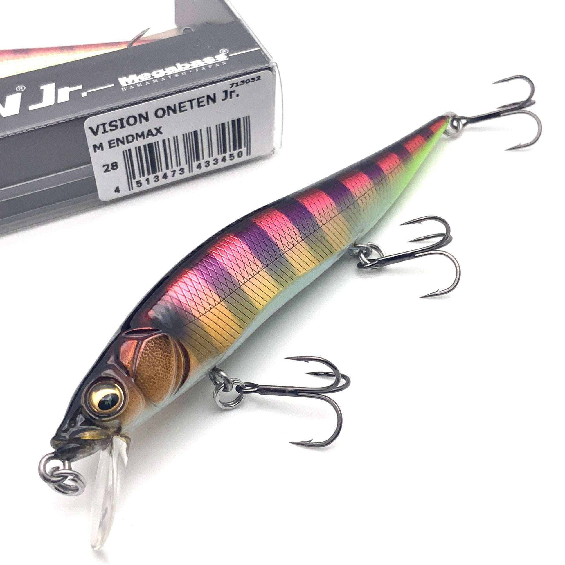 Colorful fishing lure with a box labeled 'VISION ONETEN Jr.' on a white background
