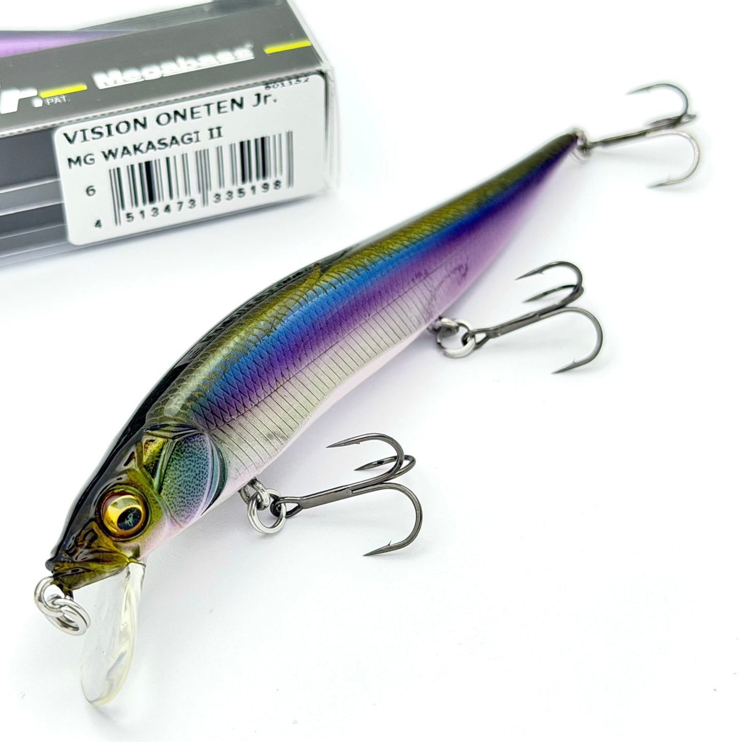 Close up of the Megabass vision oneten junior in the color mg Wakasagi II on a white background