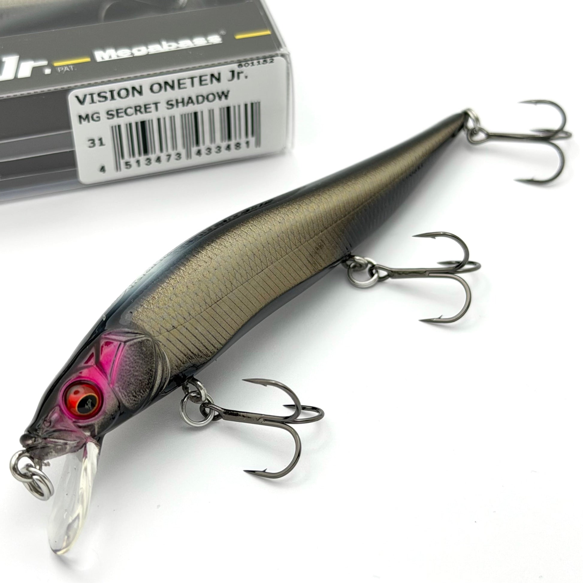 Close up of the Megabass vision oneten junior in the color mg secret shadow on a white background