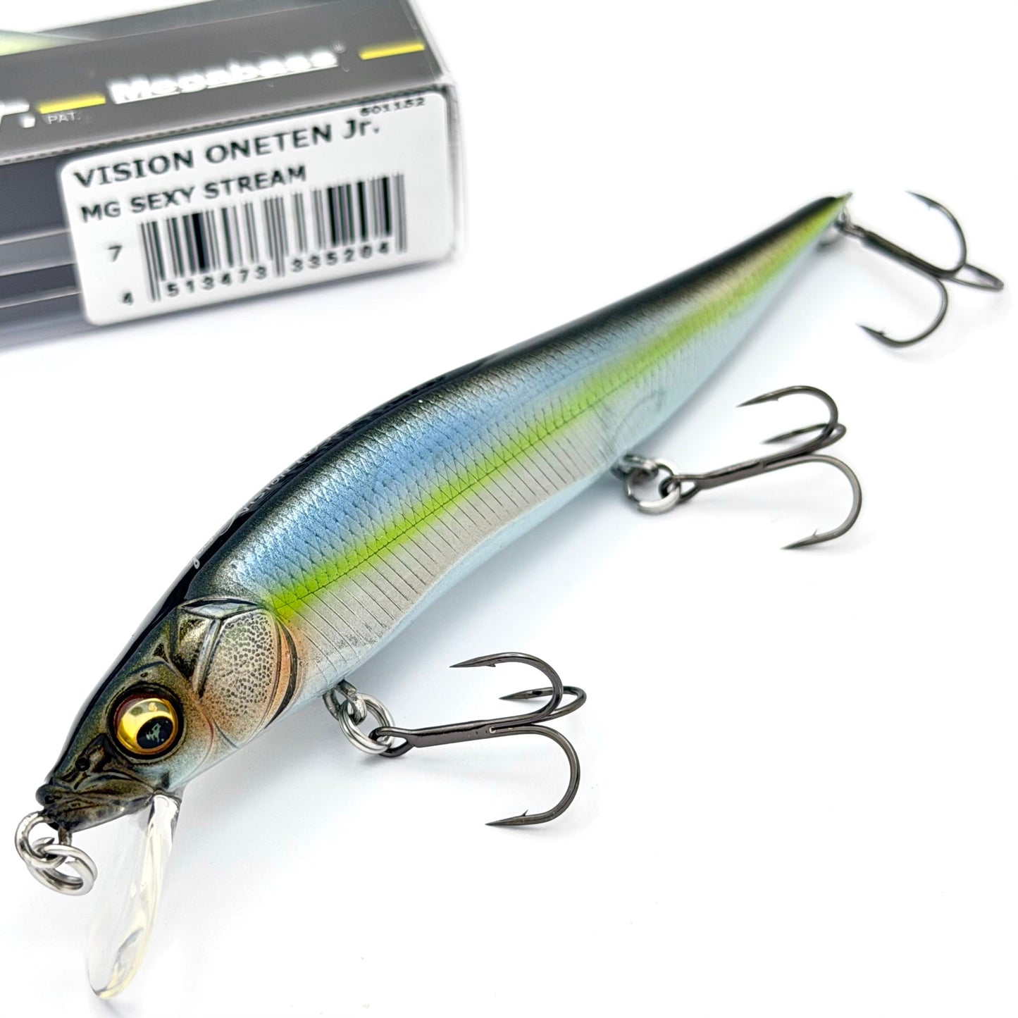 Close up of the Megabass vision oneten junior in the color mg sexy stream on a white background