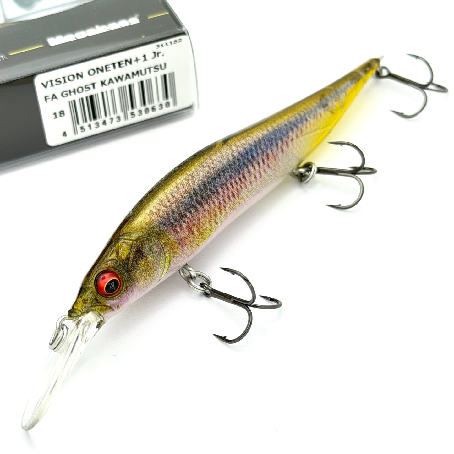 Fishing lure with three treble hooks on a white background, next to a box labeled 'VISION ONETEN+1 Jr.'