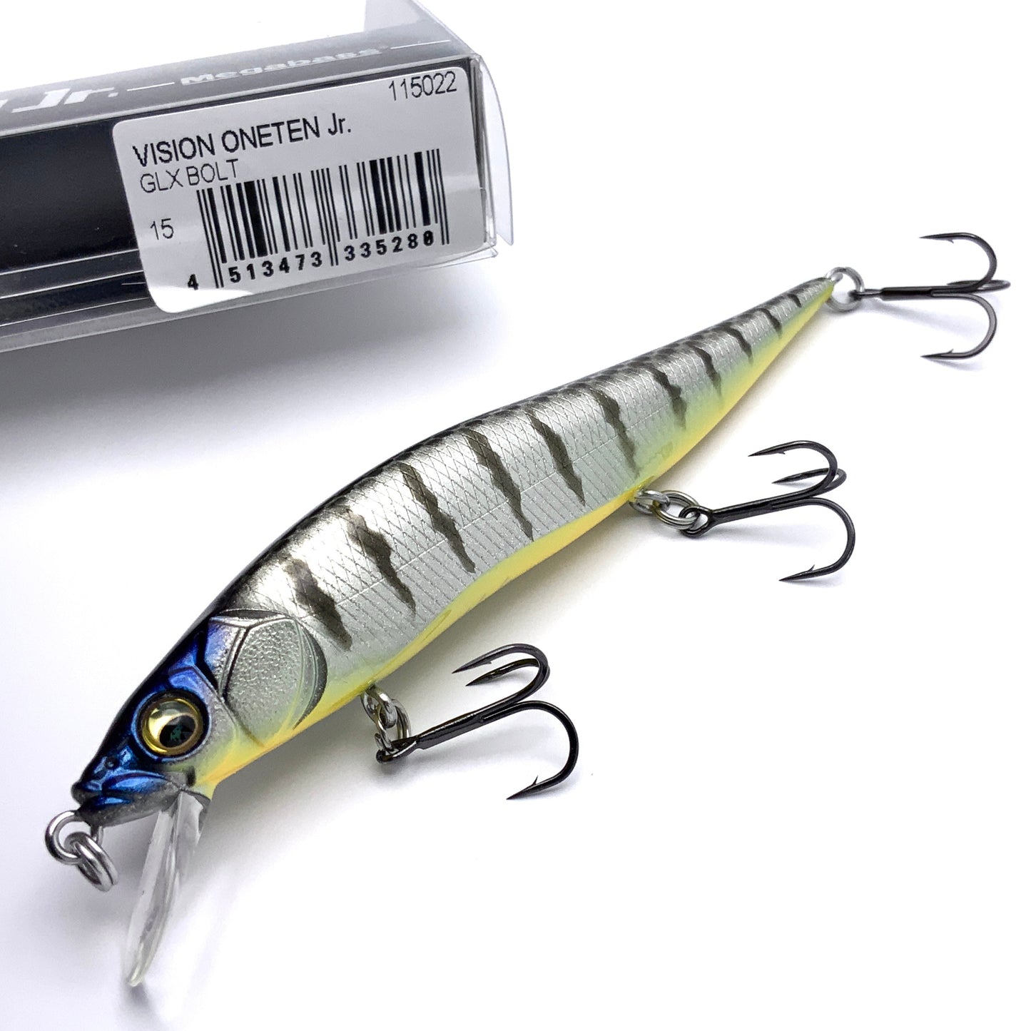 Megabass Ito Vision Oneten junior Jerkbait in the color GLX Bolt on a white background