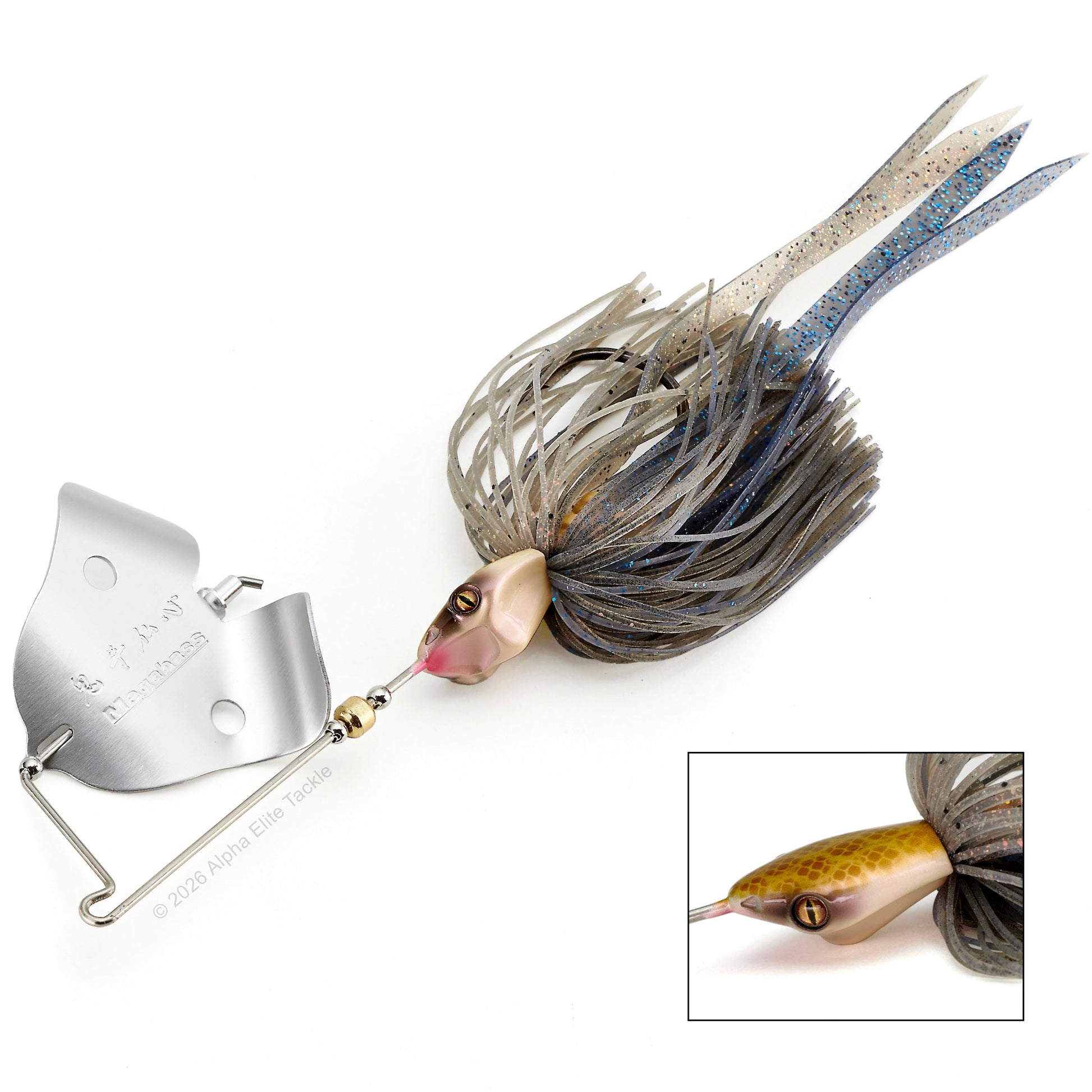 Jamaica boa Buzzbait with a blue glitter and grey Skirt on a white background