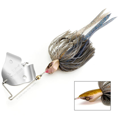 Jamaica boa Buzzbait with a blue glitter and grey Skirt on a white background