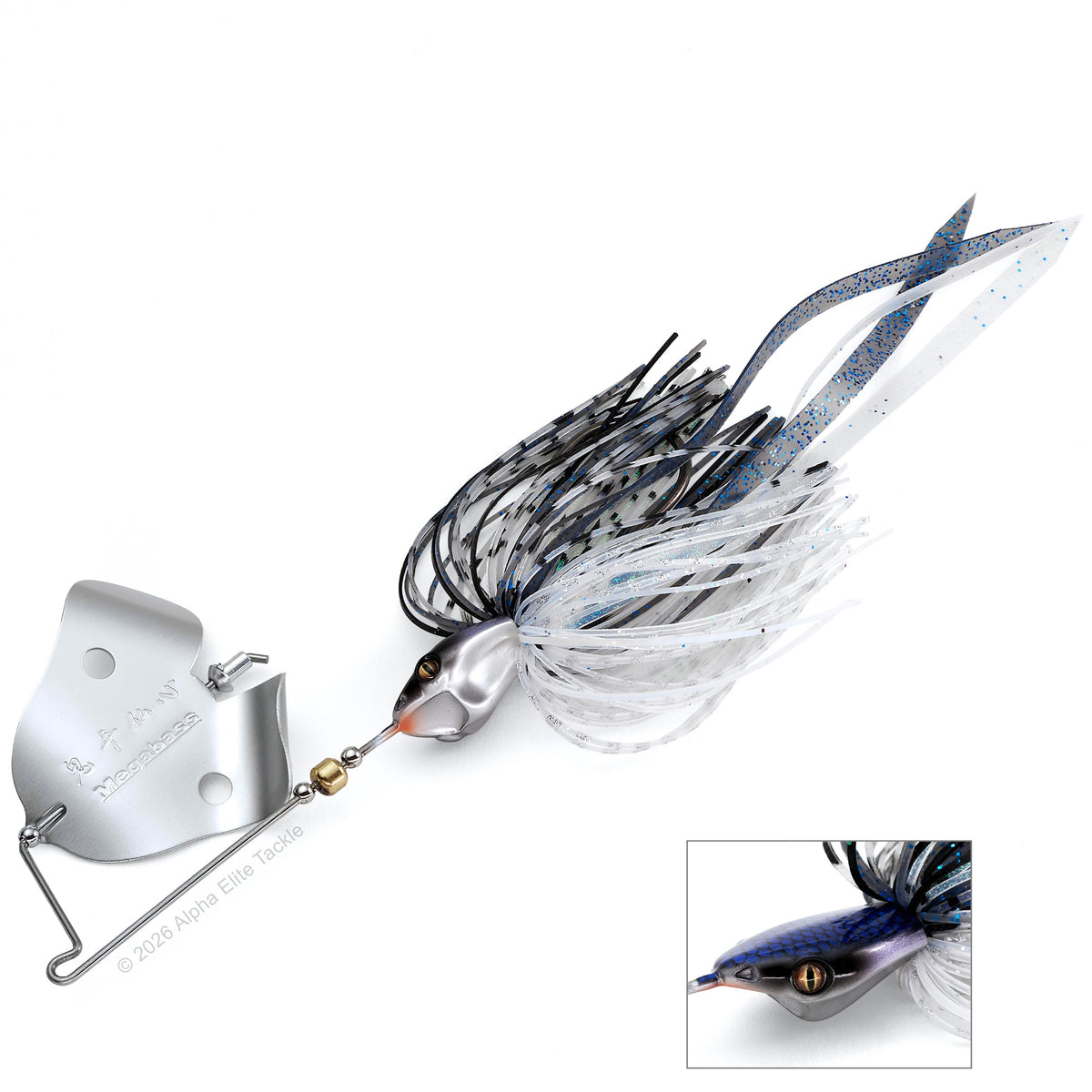 Megabass Jamaica Boa Buzzbait with a sliver bade and a shad color skirt