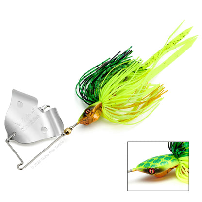Megabass boa Buzzbait with green and yellow skirt on a white background