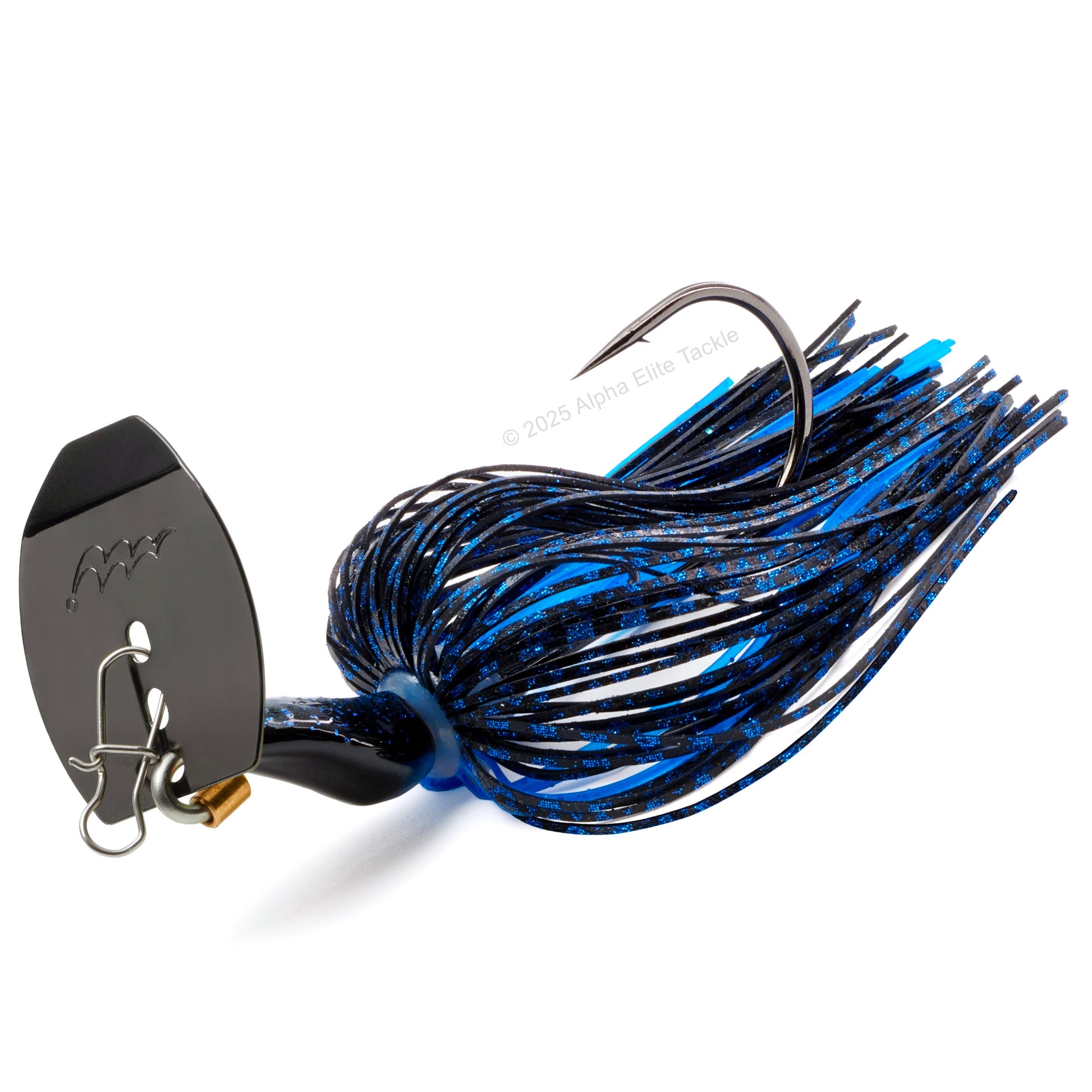 Close up of the Mibro Cobra Chatter Bladed Swim Jig in the color Black Blue on a white background