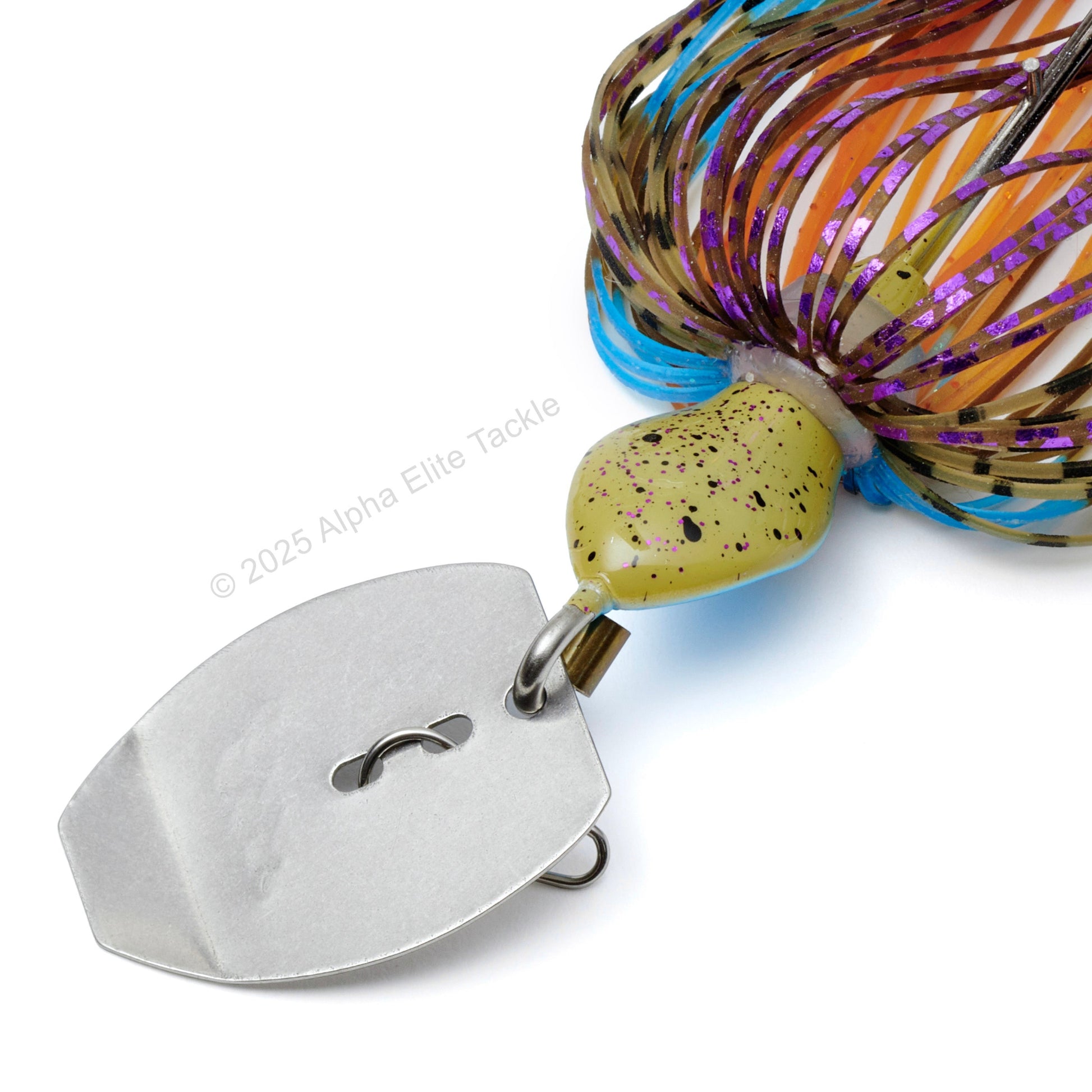 Close up of the head and blade of the Mibro Cobra Chatter Bladed Swim Jig on a white background