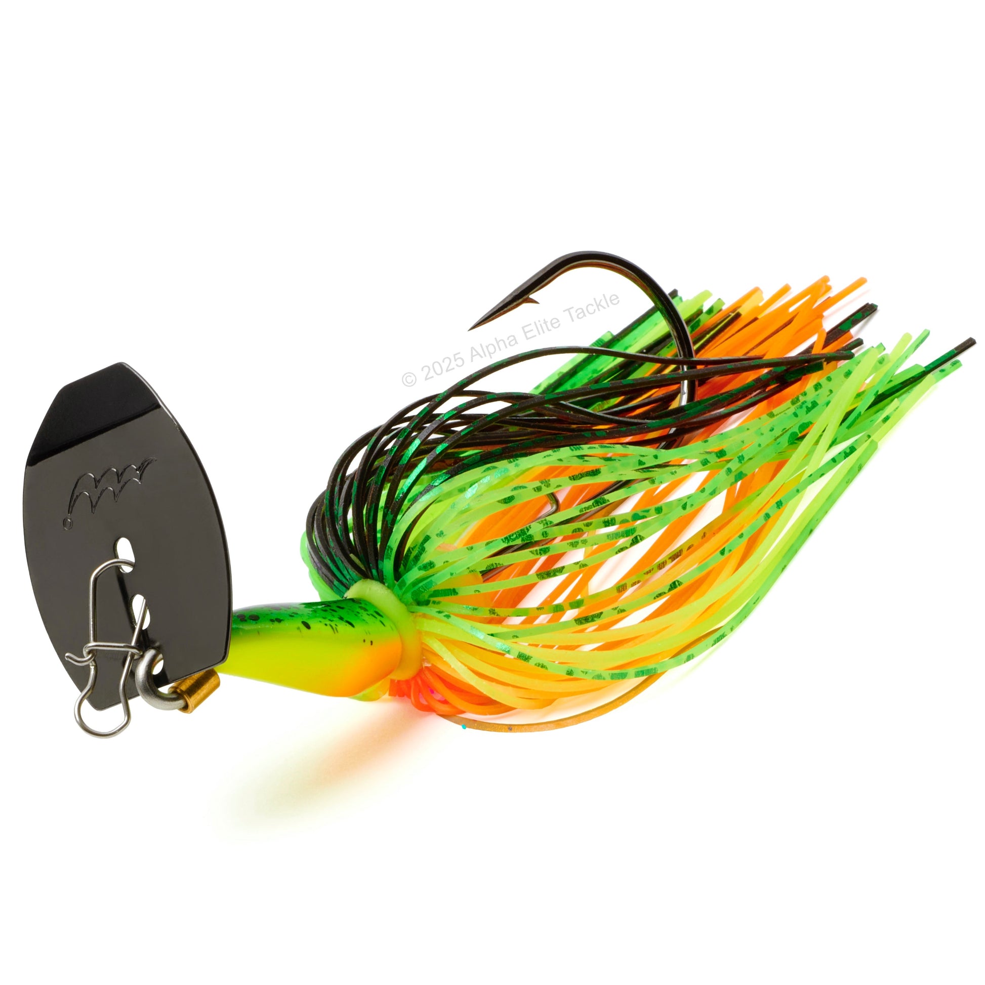 Close up of the Mibro Cobra Chatter Bladed Swim Jig in the color Fire Tiger on a white background