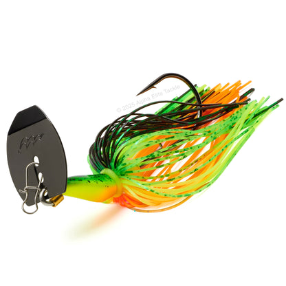 Close up of the Mibro Cobra Chatter Bladed Swim Jig in the color Fire Tiger on a white background