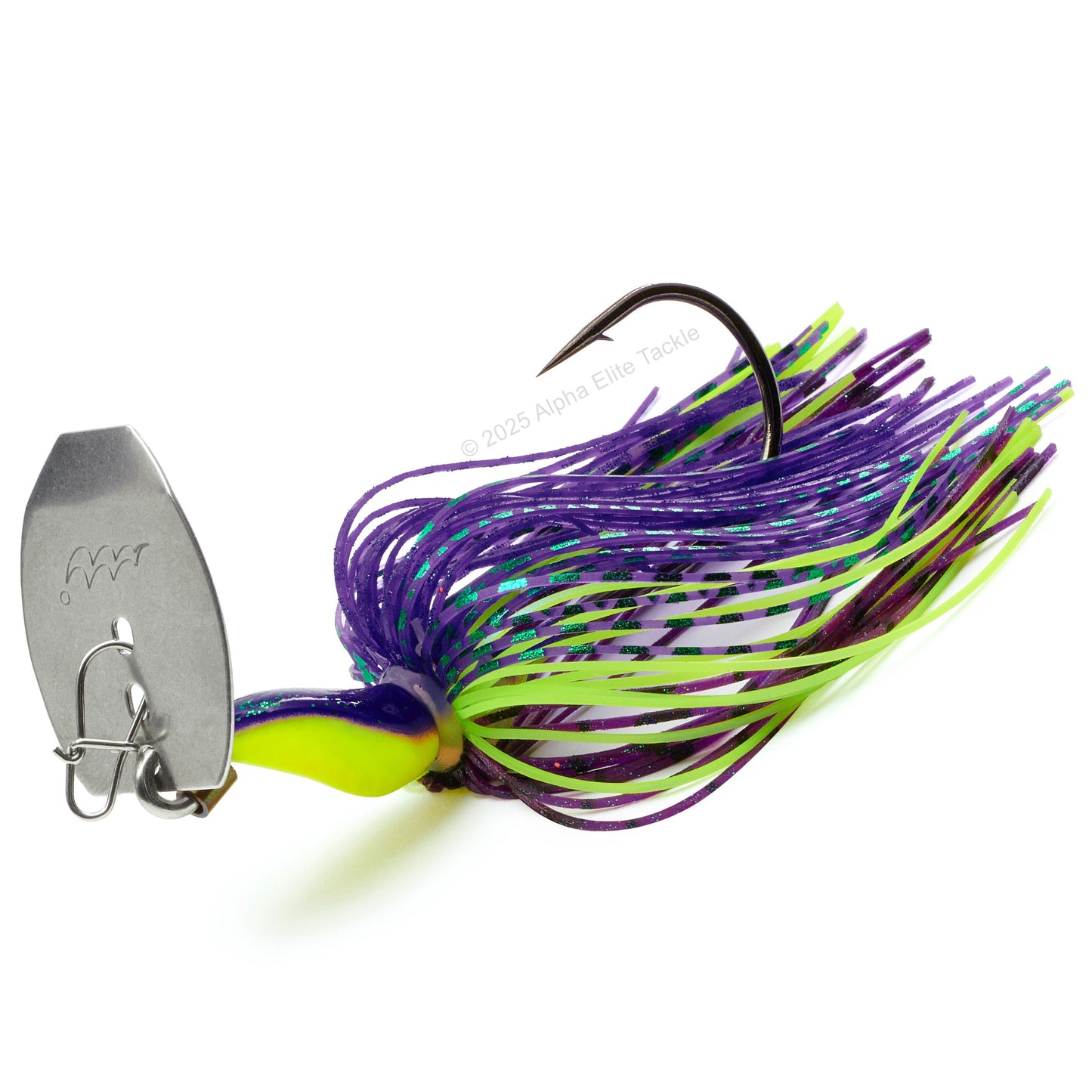 Close up of the Mibro Cobra Chatter Bladed Swim Jig in the color Purple Haze on a white background