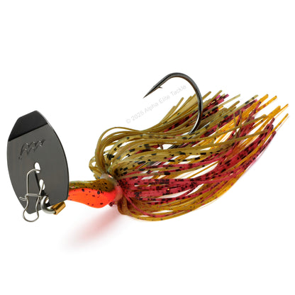 Close up of the Mibro Cobra Chatter Bladed Swim Jig in the color Red Craw on a white background