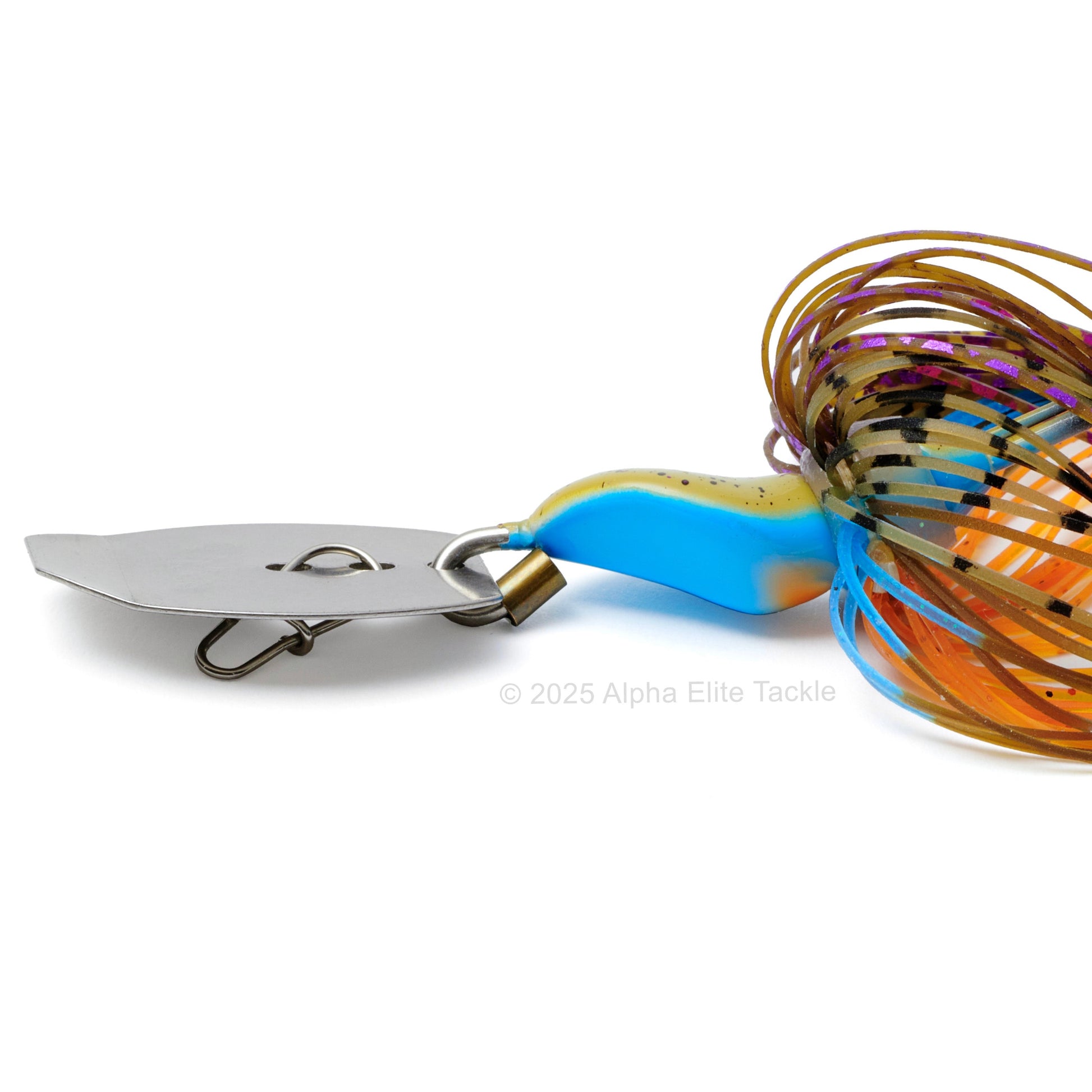 Close up of the head and blade of the Mibro Cobra Chatter Bladed Swim Jig on a white background