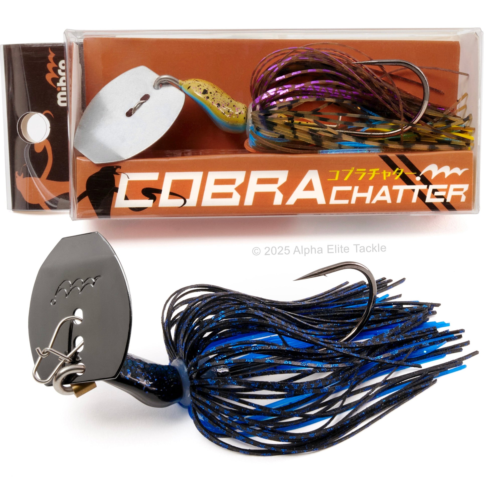 Close up of one in package and one out of package of the Mibro Cobra Chatter Bladed Swim Jig on a white background