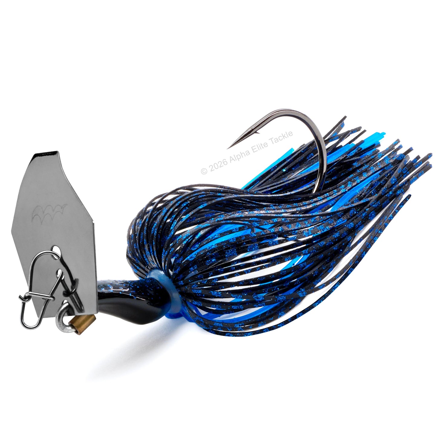 Close up of the Mibro Cobra Chatter Bladed Swim Jig in 3/8 oz weight and in the color Black Blue on a white background