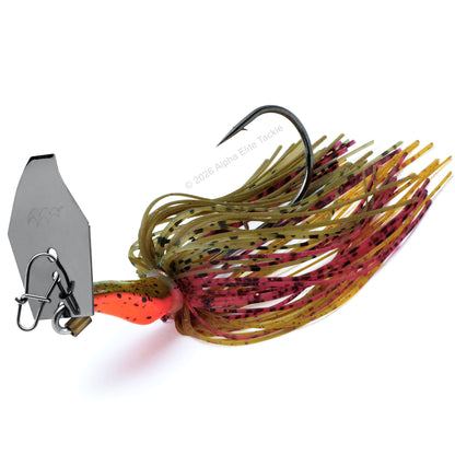 Close up of the Mibro Cobra Chatter Bladed Swim Jig in 3/8 oz weight and in the color Green Pumpkin Red Craw on a white background