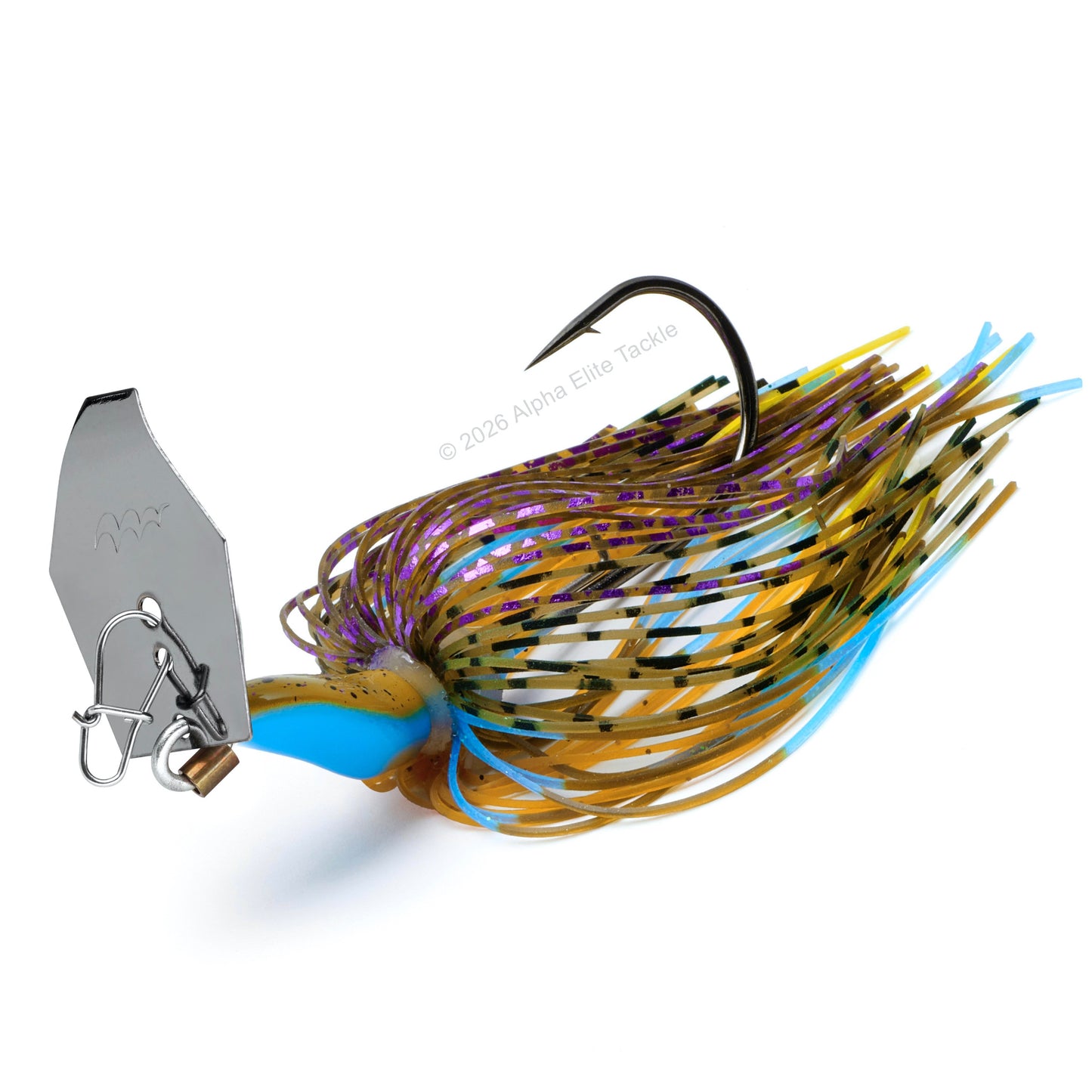 Close up of the Mibro Cobra Chatter Bladed Swim Jig in 3/8 oz weight and in the color Gill on a white background