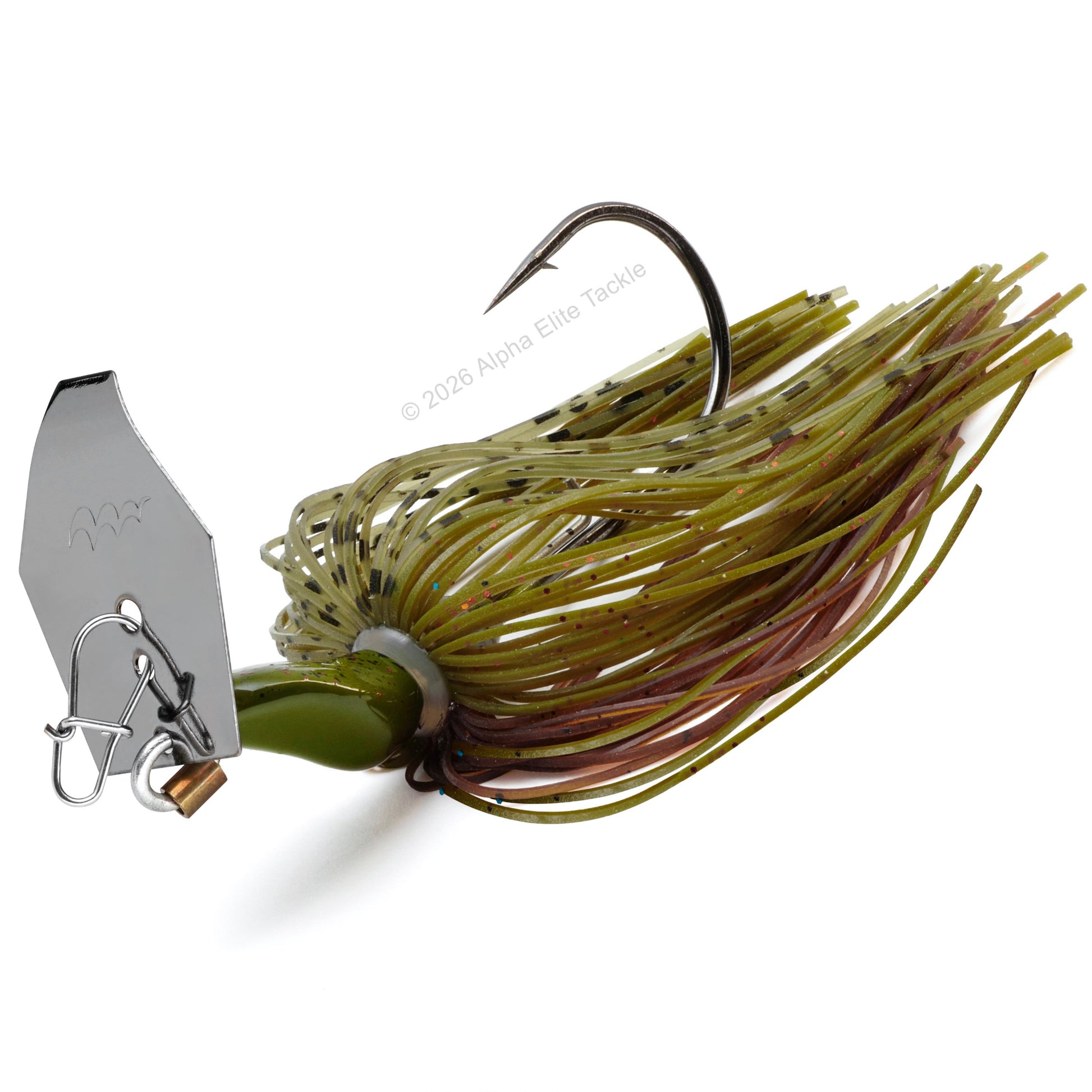 Close up of the Mibro Cobra Chatter Bladed Swim Jig in 3/8 oz weight and in the color Green Pumpkin Craw on a white background