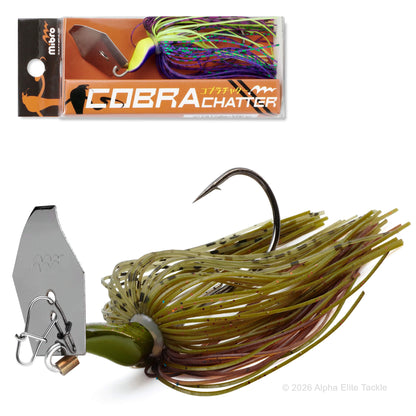 Close up of the Mibro Cobra Chatter Bladed Swim Jig in 3/8 oz weight and in the color Green Pumpkin Craw on a white background