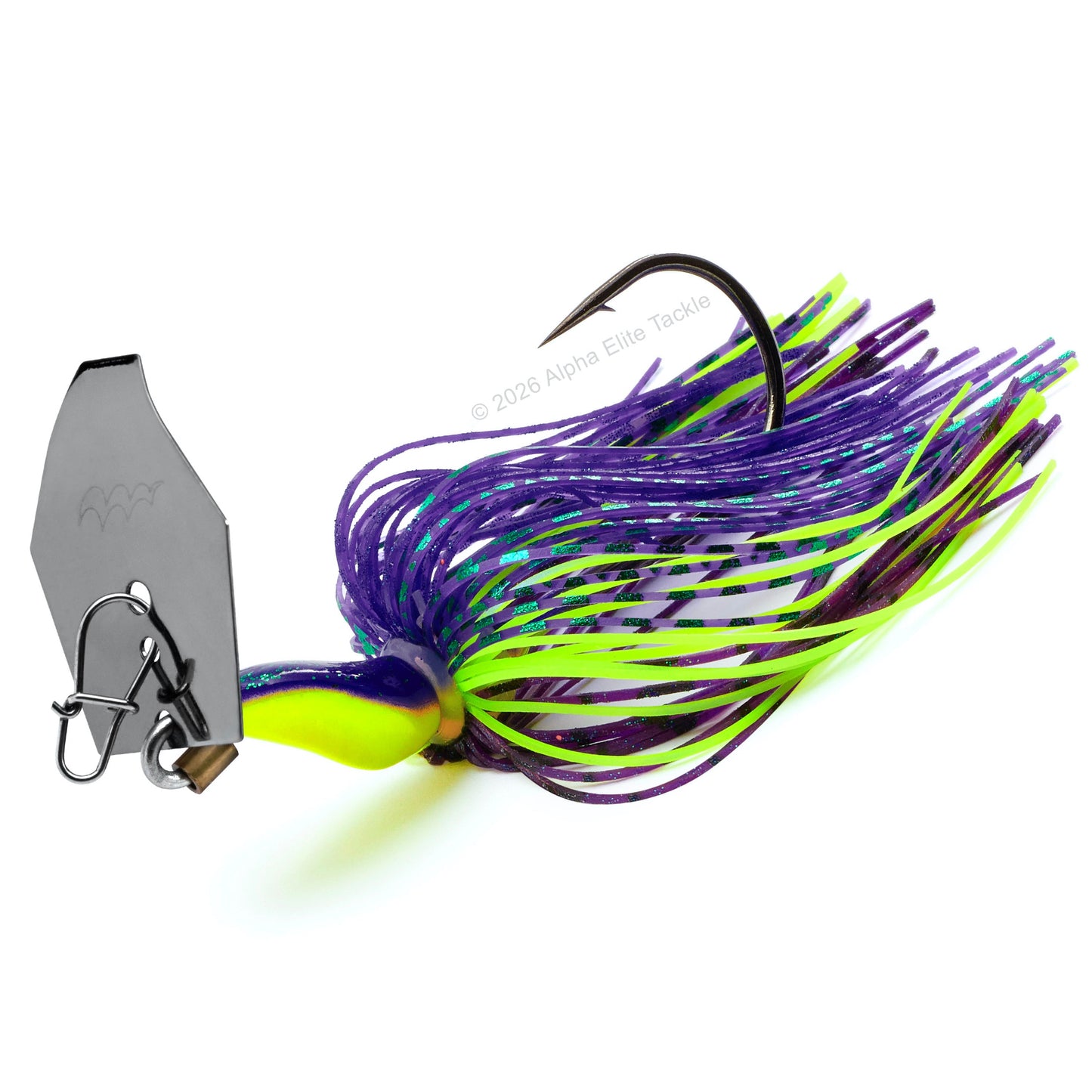 Close up of the Mibro Cobra Chatter Bladed Swim Jig in 3/8 oz weight and in the color Purple Haze on a white background