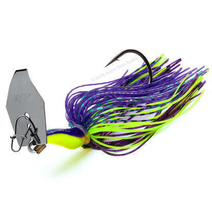Close up of the Mibro Cobra Chatter Bladed Swim Jig in 3/8 oz weight and in the color Purple Haze on a white background