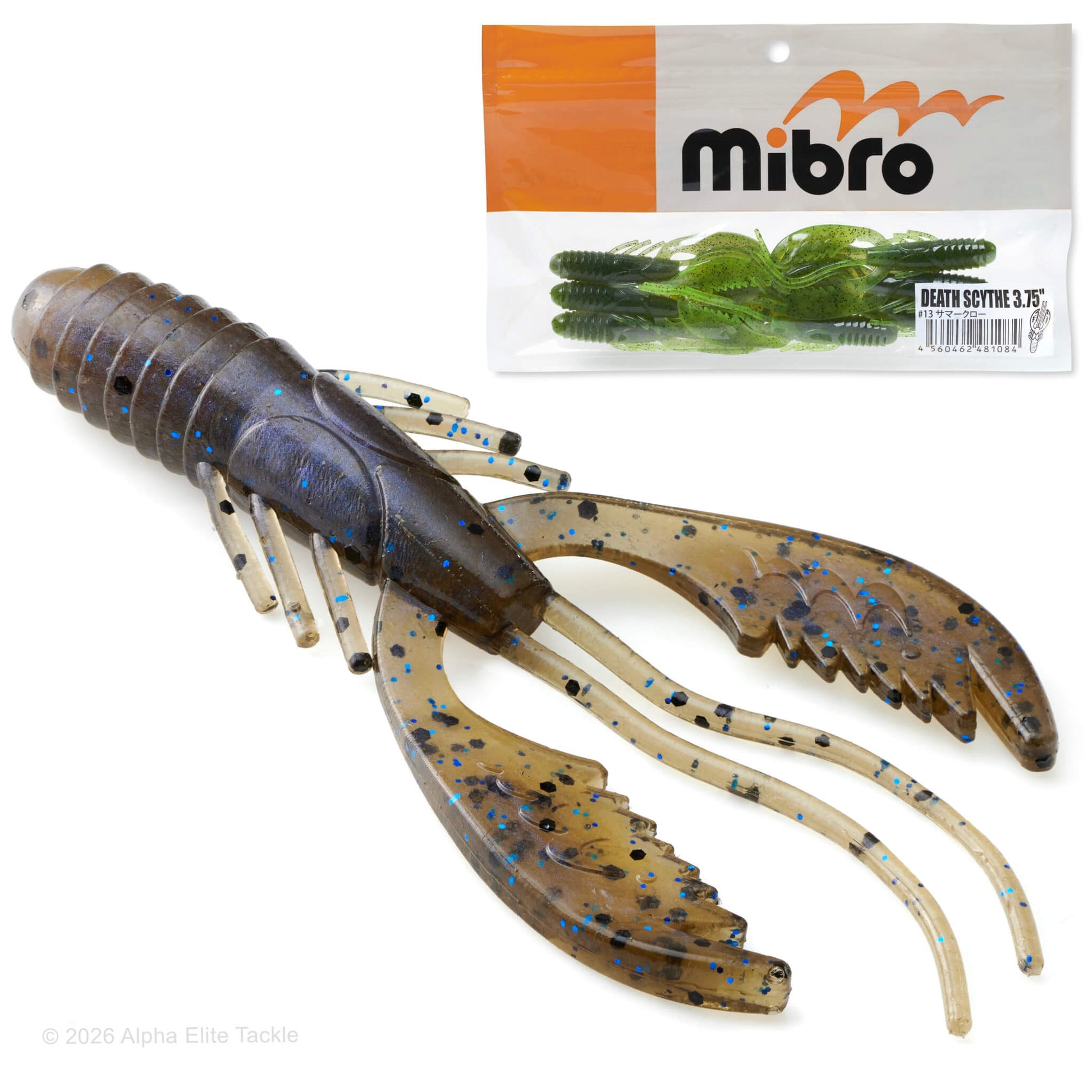 Close up of the Mibro Death Scythe soft plastic craw and it's packaging on a white background