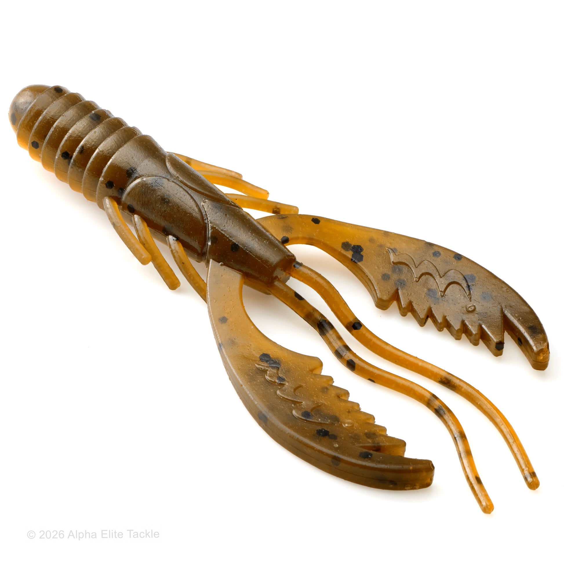 Close up of the Mibro Death Scythe soft plastic craw in the color Alabama Craw on a white background