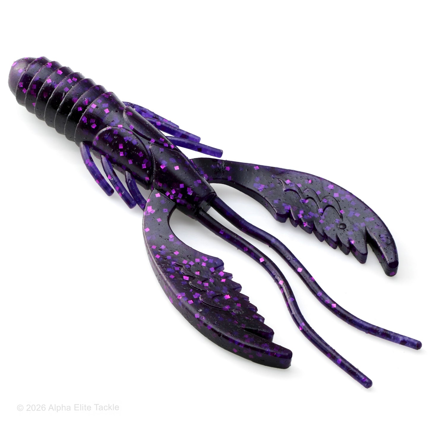 Close up of the Mibro Death Scythe soft plastic craw in the color black light on a white background