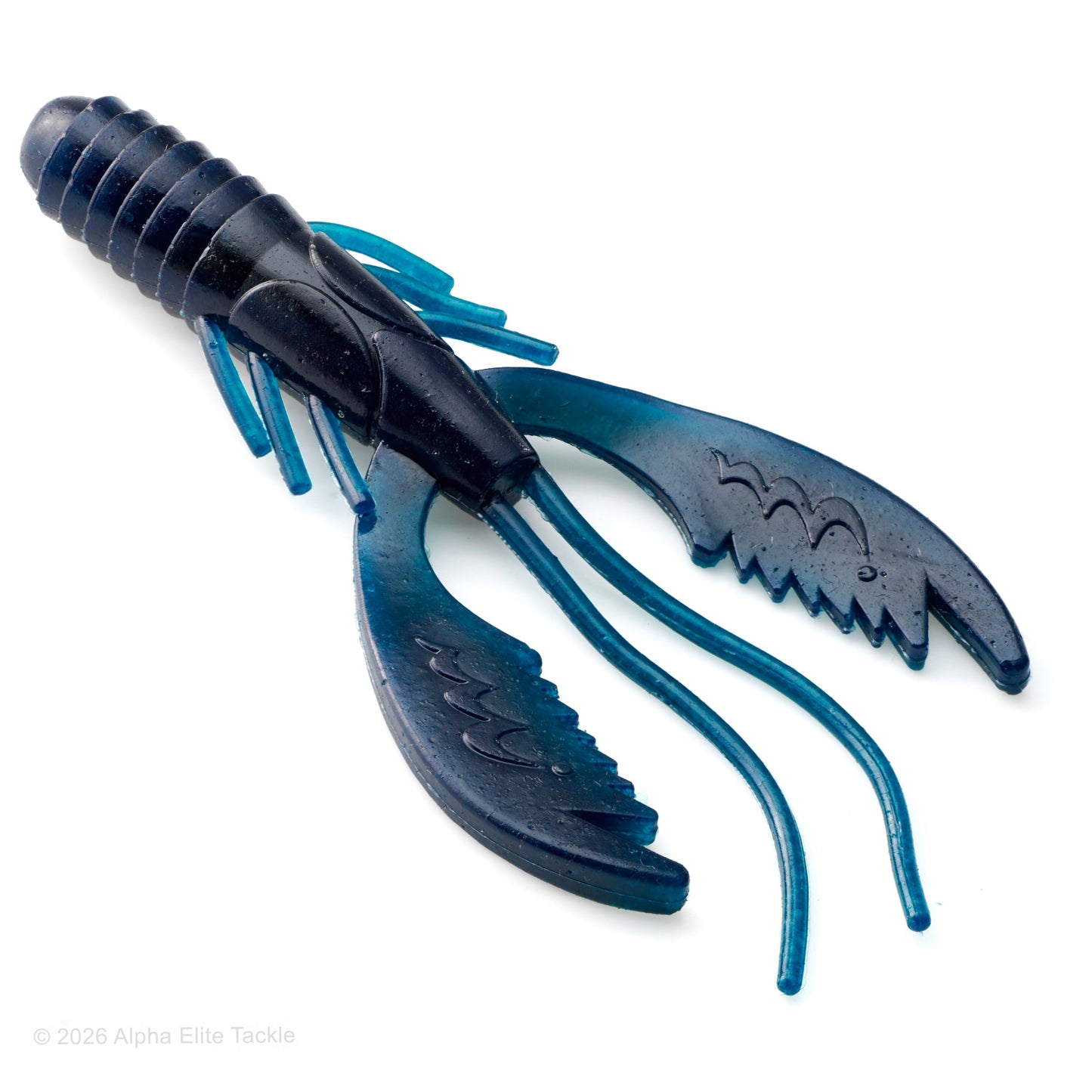 Close up of the Mibro Death Scythe soft plastic craw in the color Black Shadow on a white background