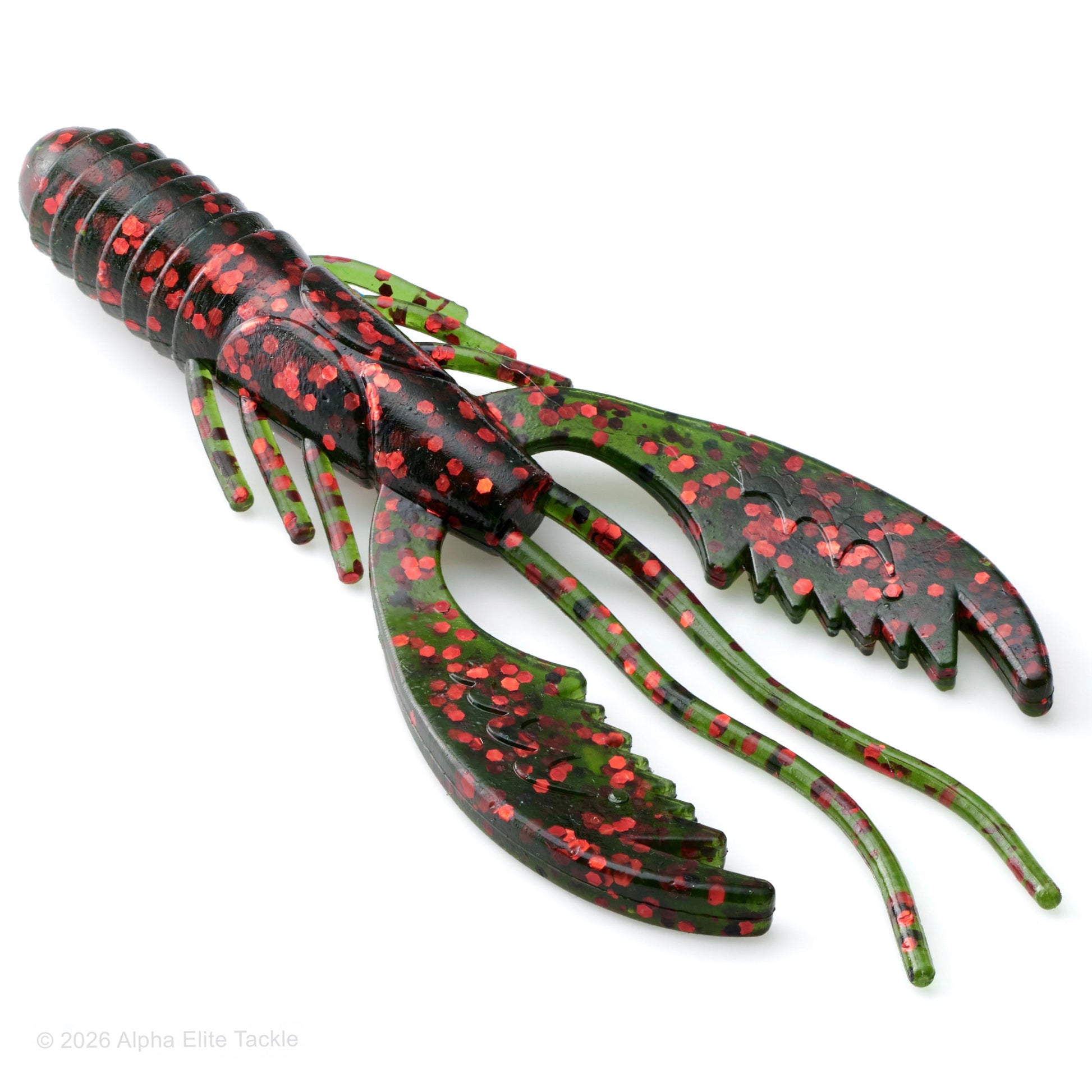 Close up of the Mibro Death Scythe soft plastic craw in the color California 420 on a white background