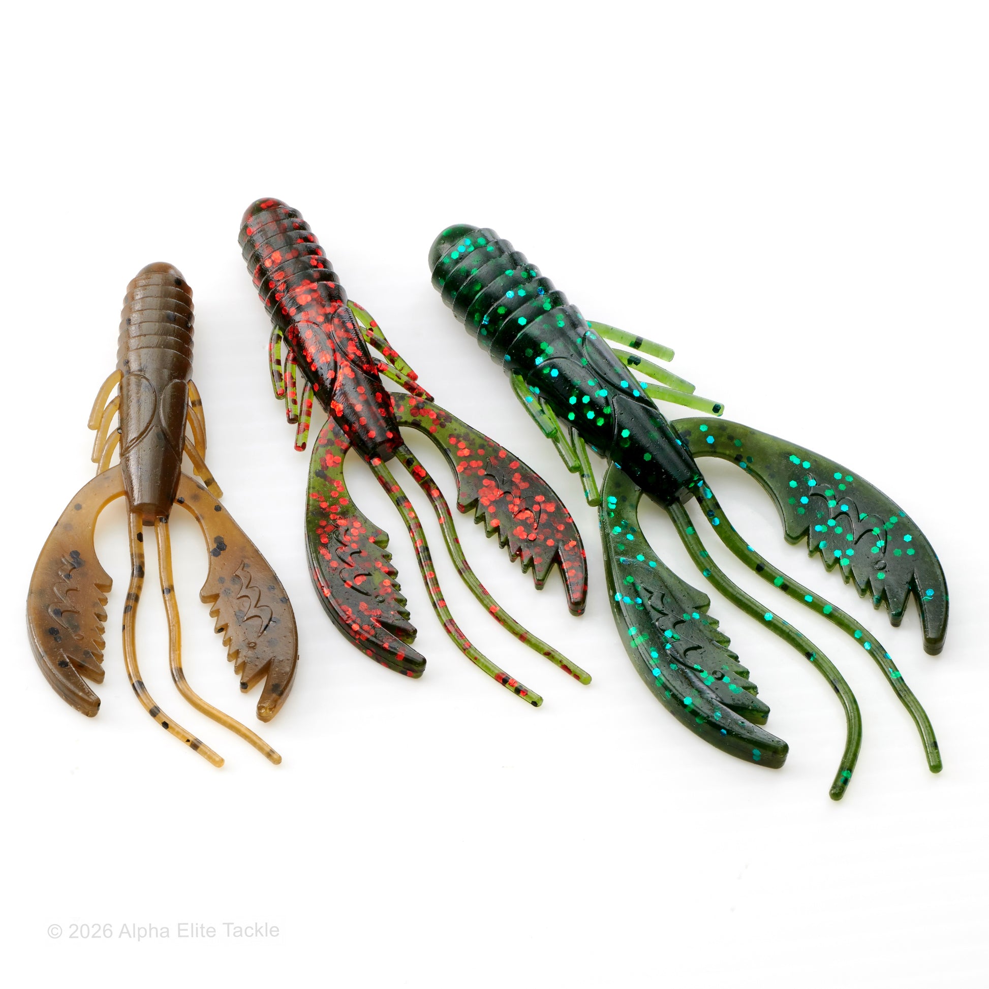 Close up showing the three different sizes of Mibro Death Scythe soft plastic craw on a white background