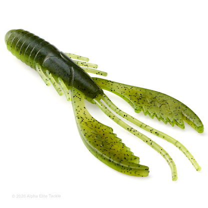 Close up of the Mibro Death Scythe soft plastic craw in the color Summer Craw on a white background