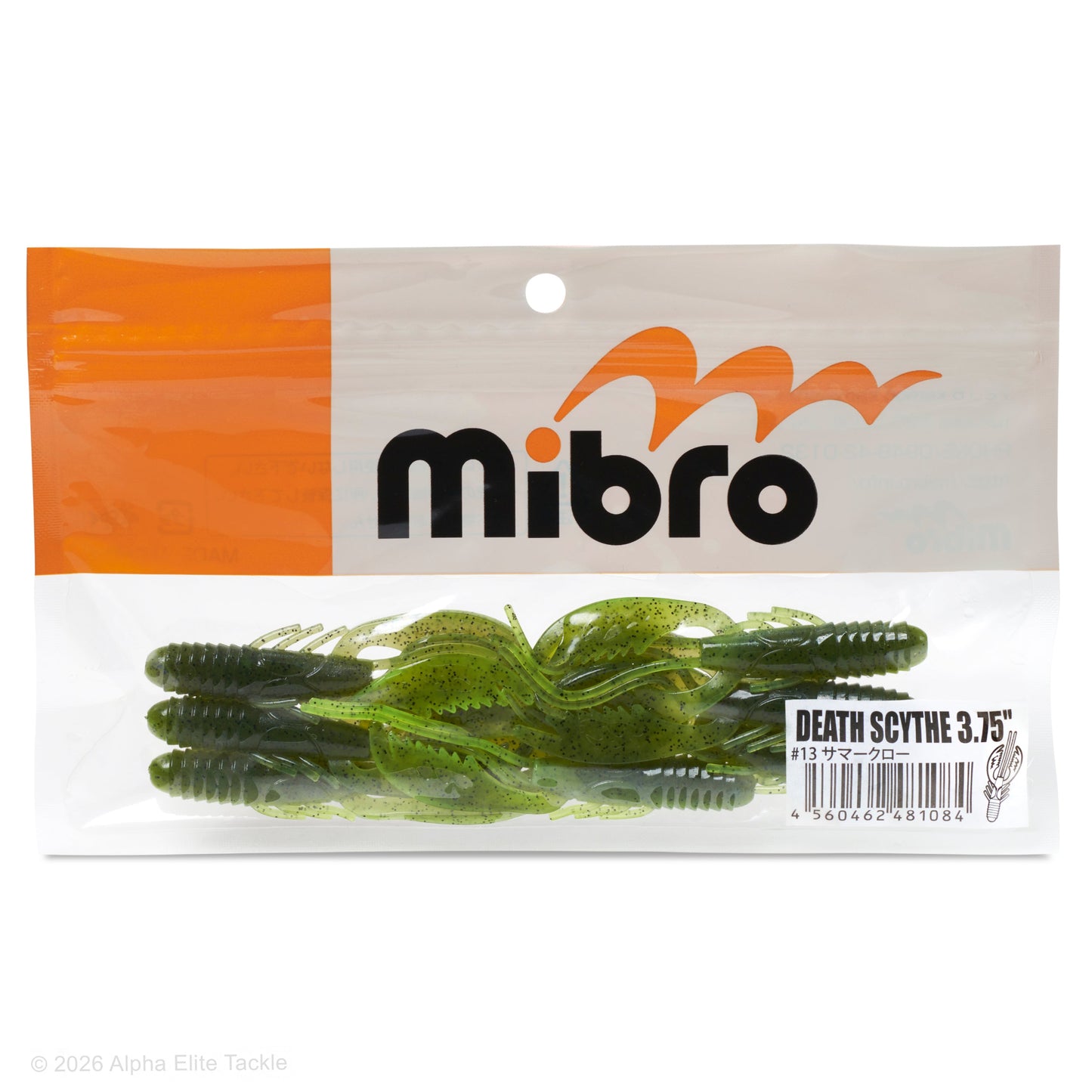 Close up of the Mibro Death Scythe soft plastic craw in the color summer craw on a white background