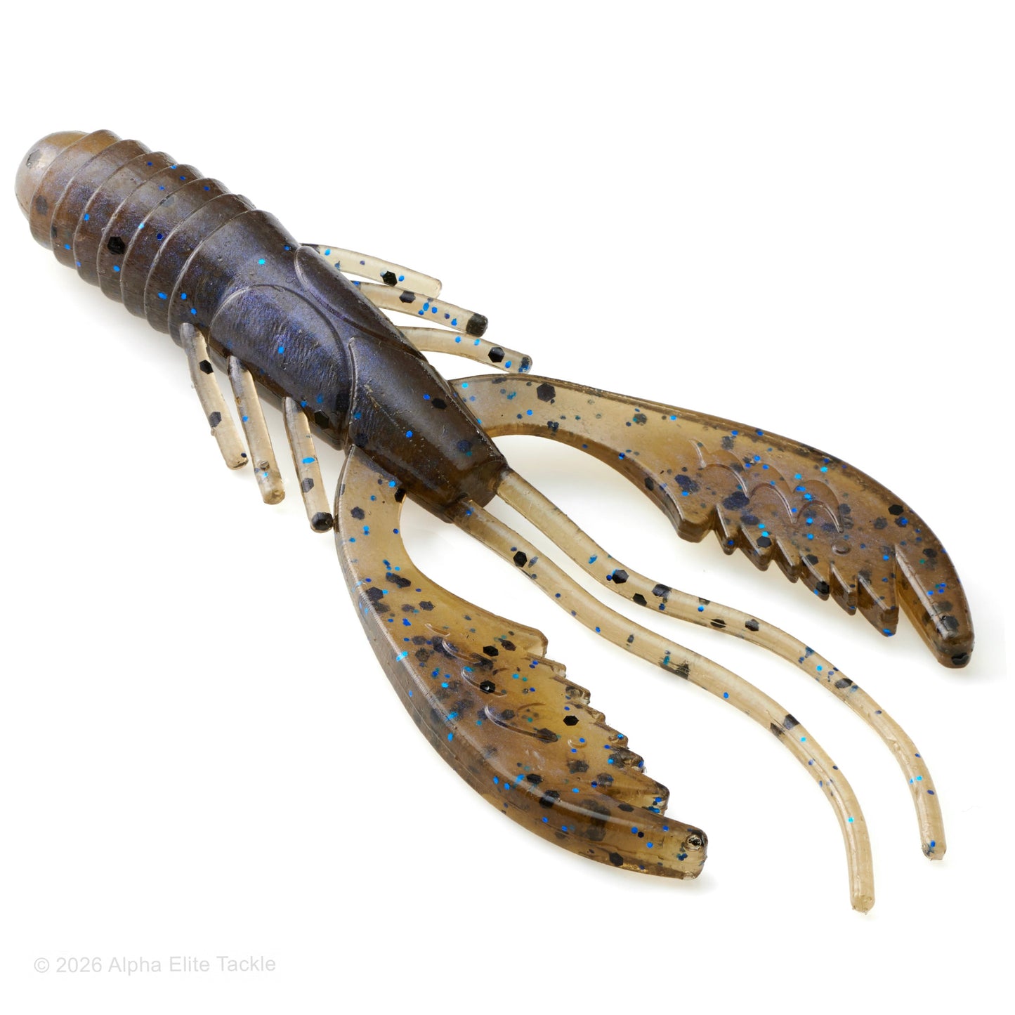 Close up of the Mibro Death Scythe soft plastic craw in the color Swamp Goby on a white background