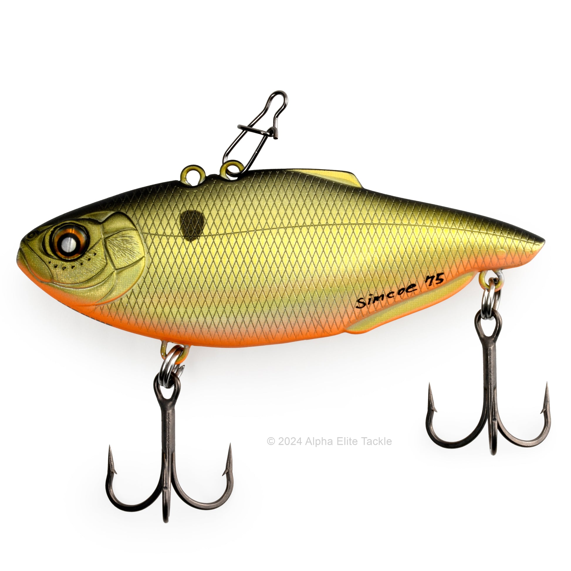Nishine Lure Works Simcoe Lipless Crankbait in the color Black Back Gold in its packaging on a white background