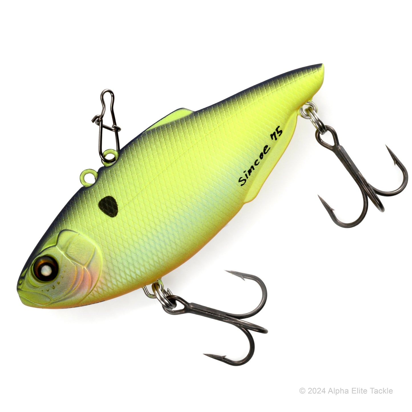 Nishine Lure Works Simcoe Lipless Crankbait in the color BPB Chartreuse Shad in its packaging on a white background