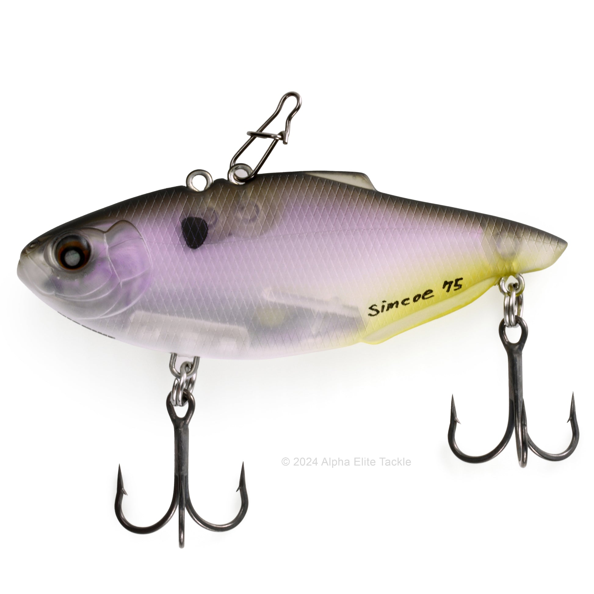 Nishine Lure Works Simcoe Lipless Crankbait in the color Ghost Shad in its packaging on a white background