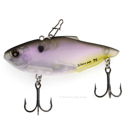Nishine Lure Works Simcoe Lipless Crankbait in the color Ghost Shad in its packaging on a white background