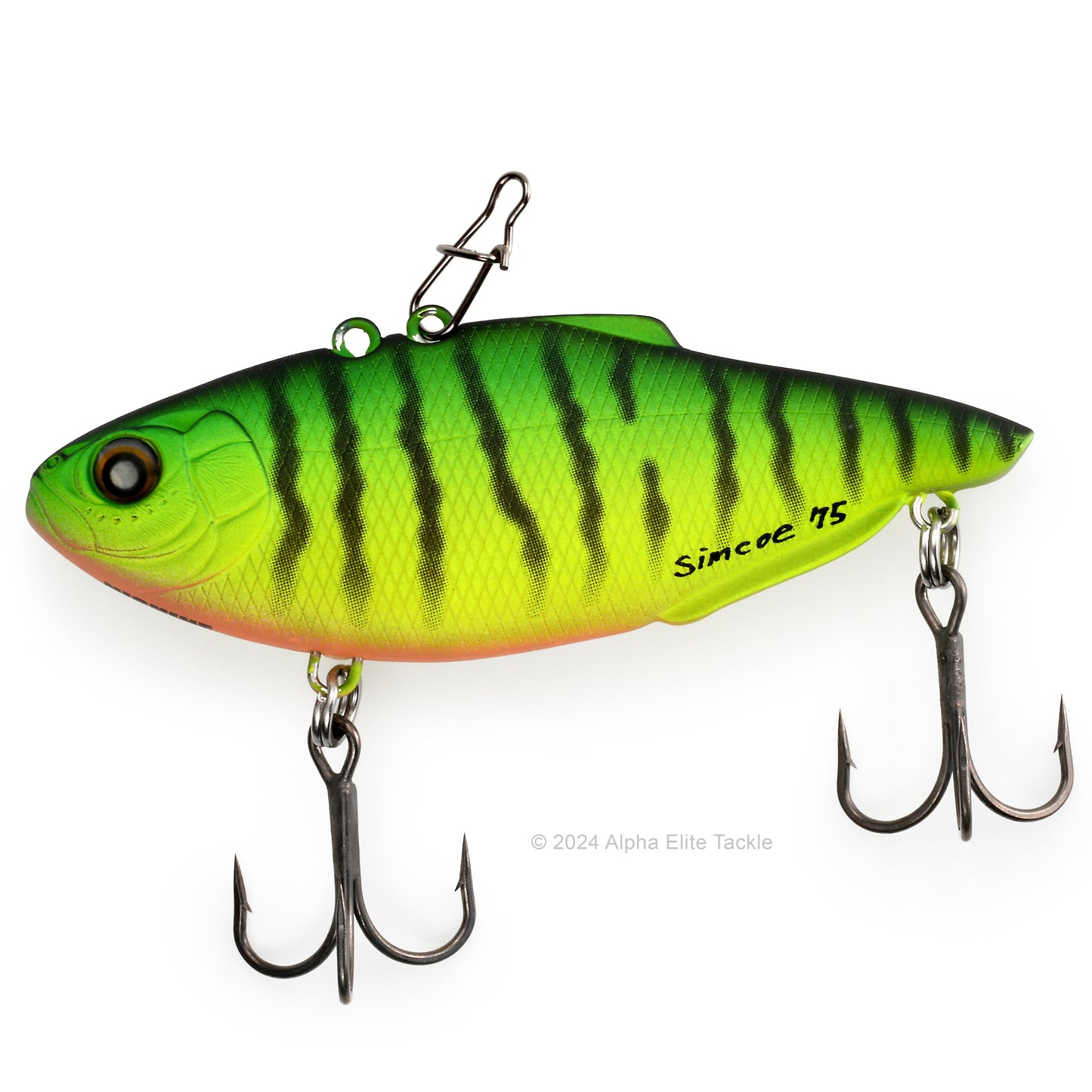 Nishine Lure Works Simcoe Lipless Crankbait in the color Matte Hot Tiger in its packaging on a white background